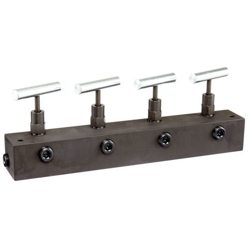 12" Long Manifold Block With 4 Needle Valves, 1 In - 4 Out, 3/8" Nptf